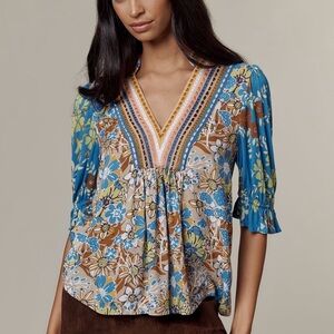 Anthropologie Floral V-Neck Blouse - Blue and Brown